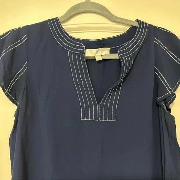 LOFT Navy Blouse with White Accents - Picture 2 of 4